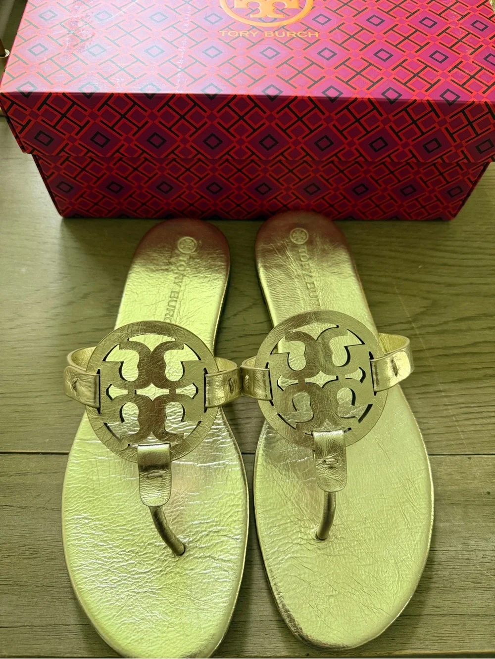 Tory Burch Metallic Gold Logo Thong Sandals